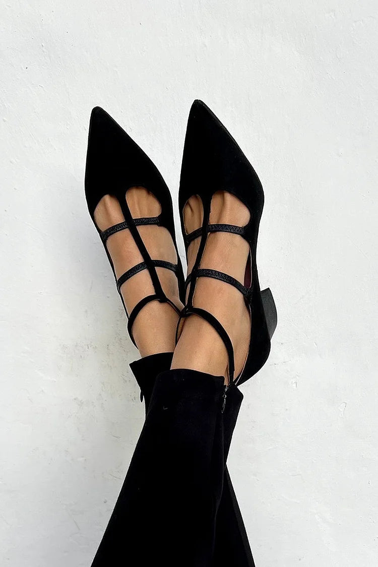 Talons épais Noir uni à bout pointu avec plusieurs brides croisées