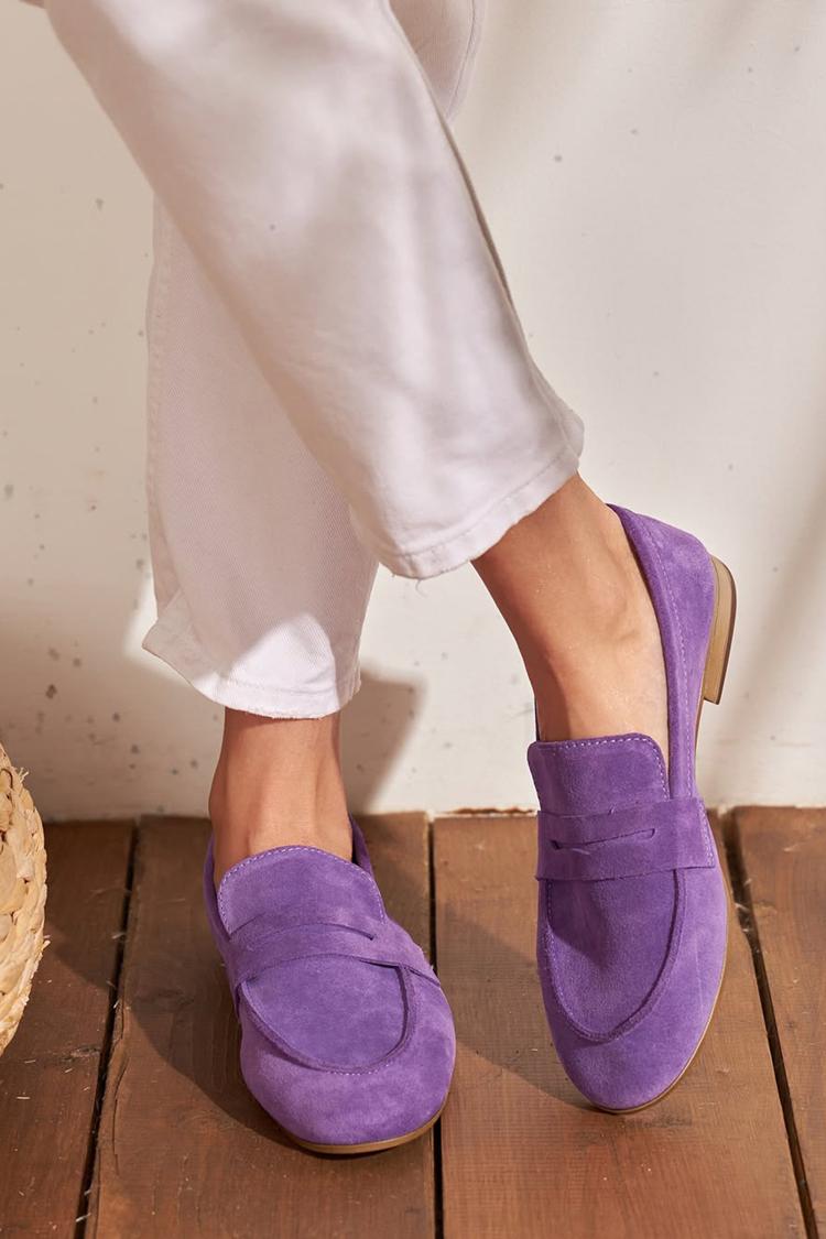 Mocassins patchwork violet à bout rond en couleur unie