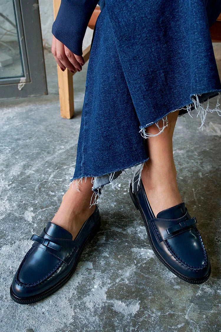 Mocassins patchwork Bleu Marine à bout rond en teinte unie avec nœud