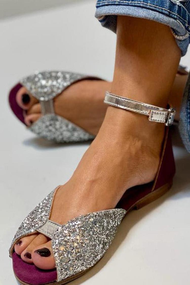 Sandales peep toe paillettes Argent avec bride de cheville et boucle