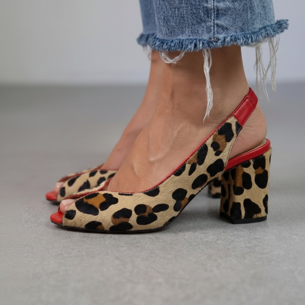 Talons bloc slingback peep toe imprimé léopard Rouge