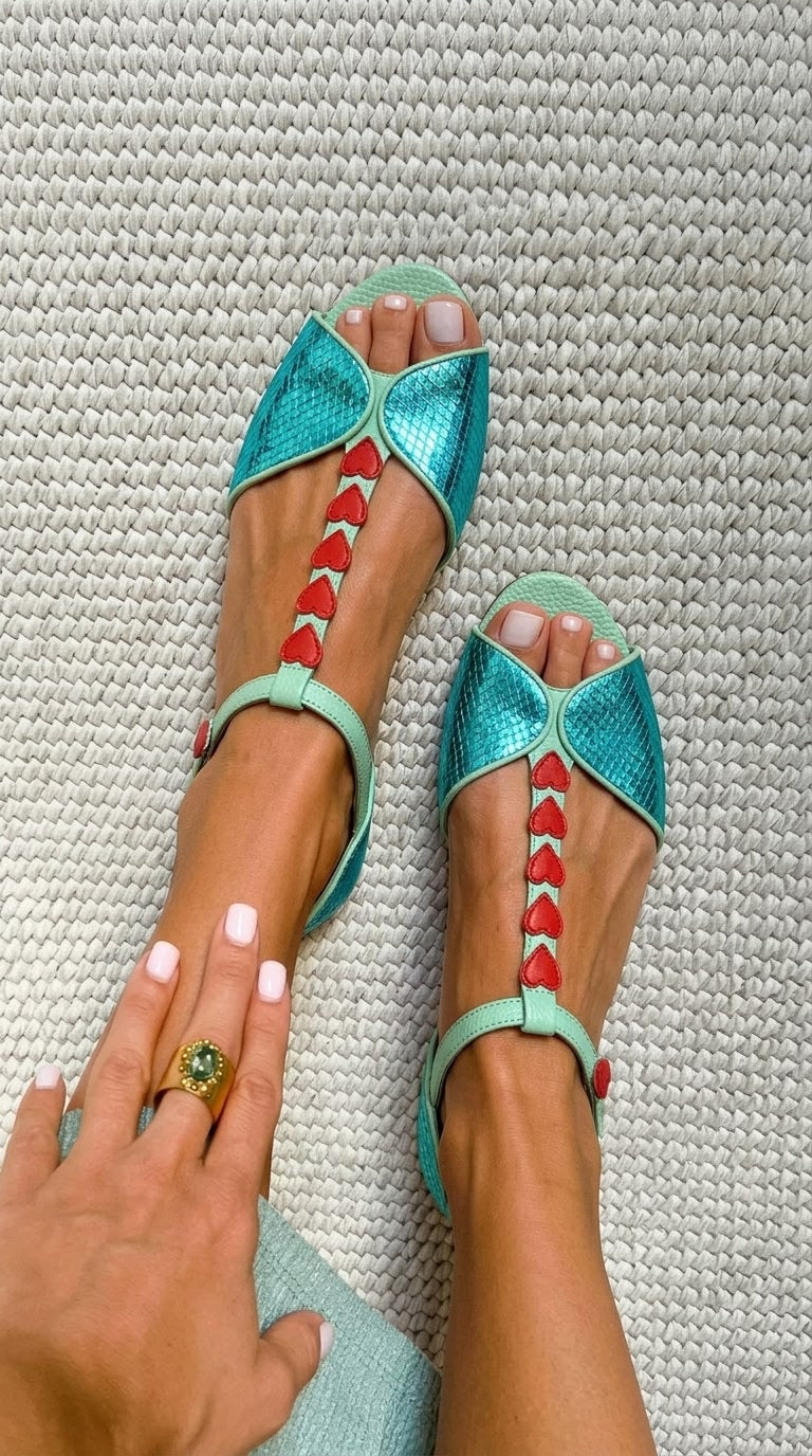 Sandales peep toe basses Pétrole et Rouge avec bride en T et cœur