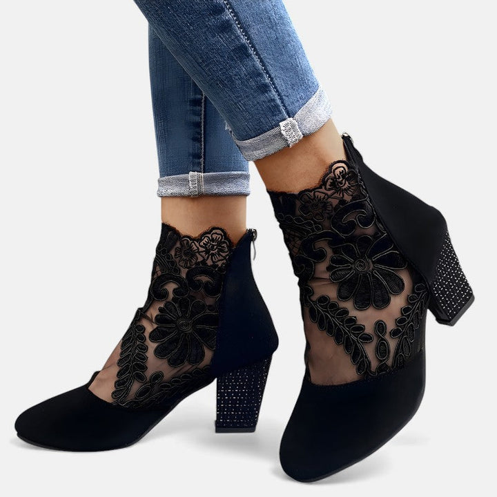 Milene | Bottines en dentelle à talon bloc scintillant