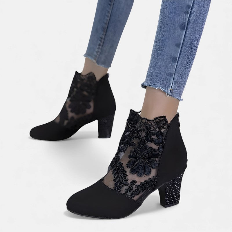 Milene | Bottines en dentelle à talon bloc scintillant