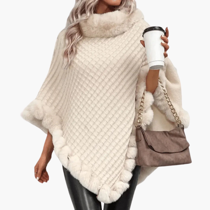 Poncho à col roulé et bordures effet fourrure