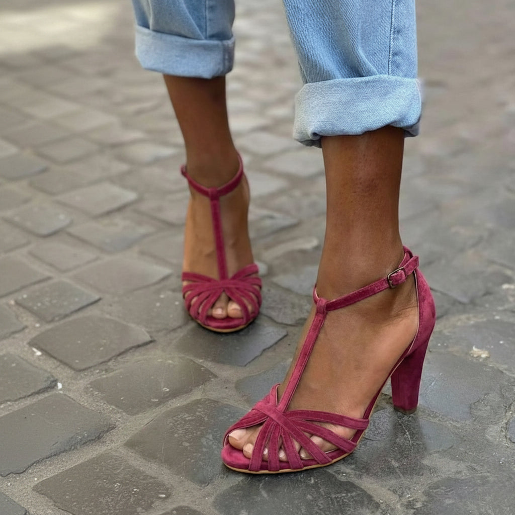 Sandales en daim Bordeaux avec bride en T et talon large à bloc