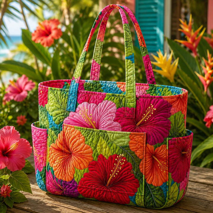 Catherine – sac cabas matelassé aux hibiscus lumineux