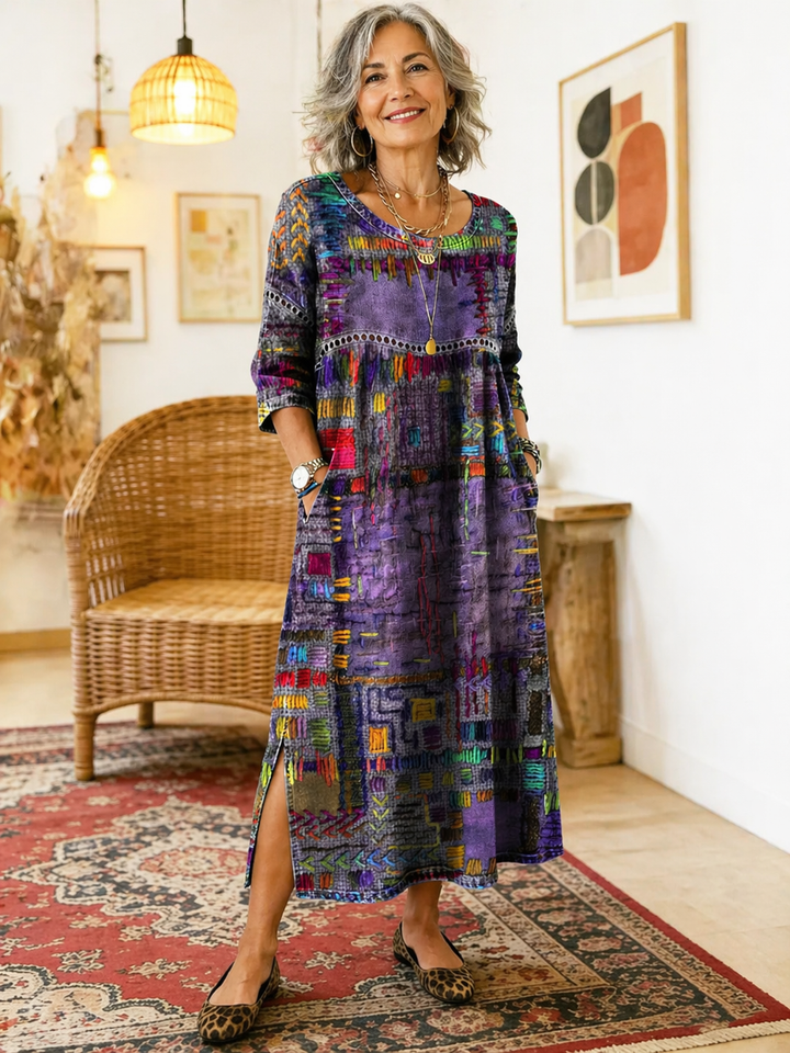 Manuela | Robe en Denim avec Patchwork Ethnique