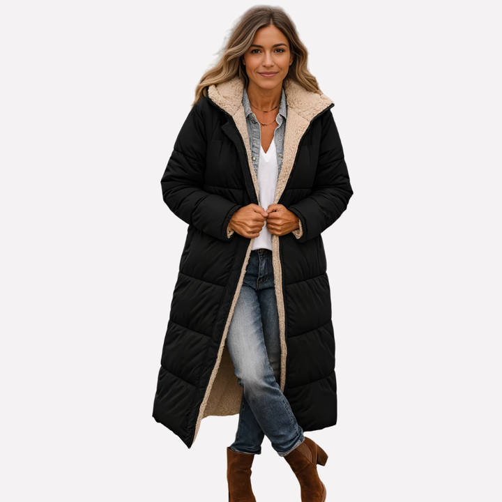 Veste longue à capuche et doublure contrastante