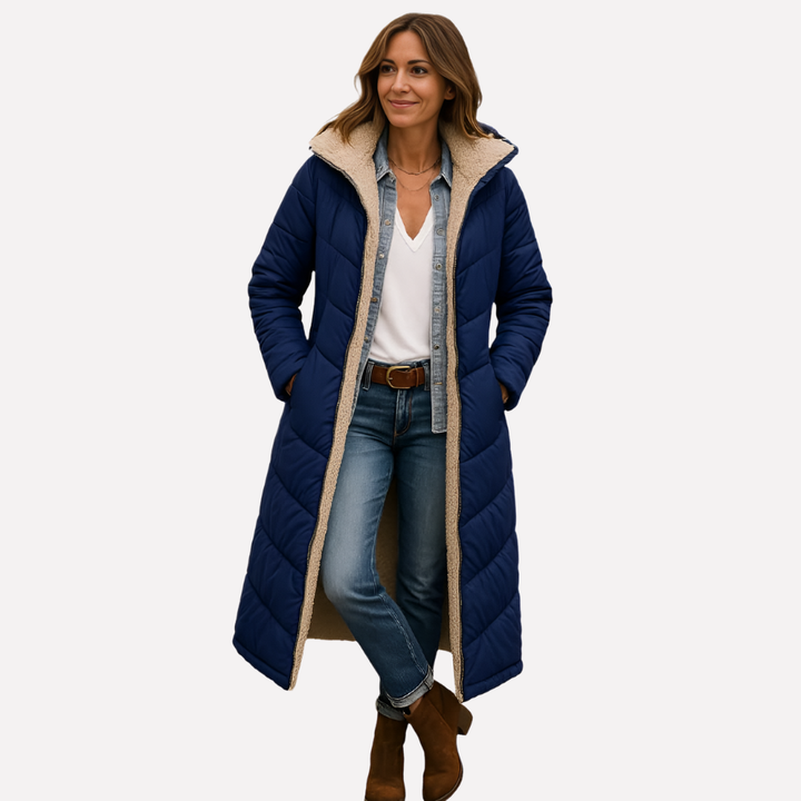 Veste longue à capuche et doublure contrastante