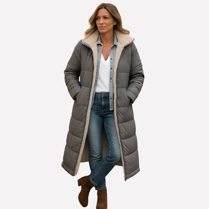 Veste longue à capuche et doublure contrastante