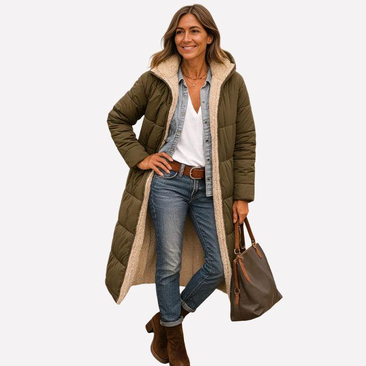 Veste longue à capuche et doublure contrastante
