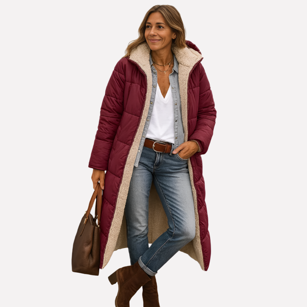 Veste longue à capuche et doublure contrastante