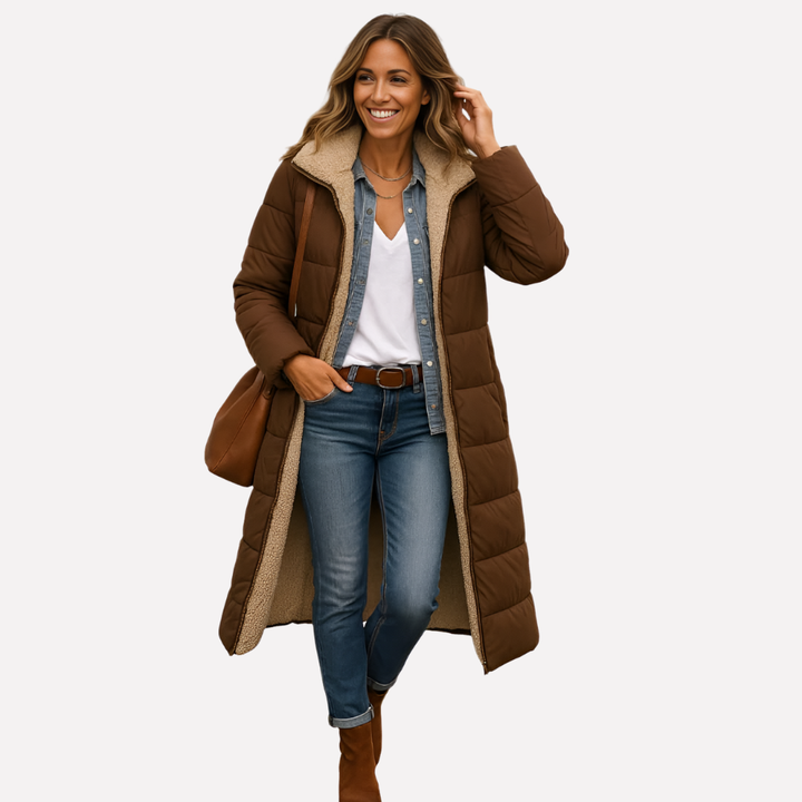 Veste longue à capuche et doublure contrastante