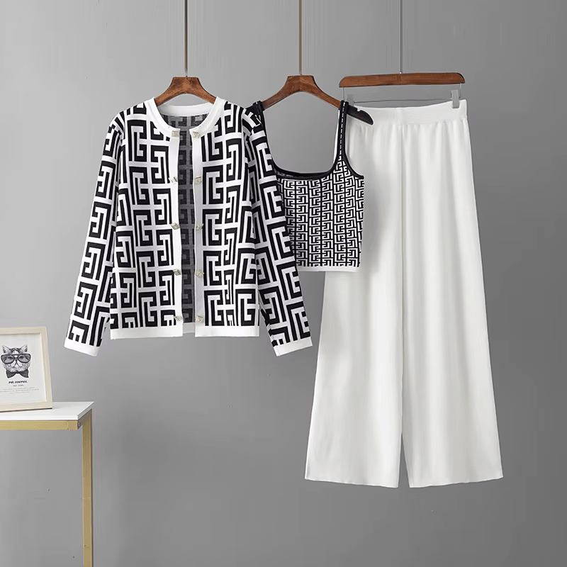 Avery™ - Costume trois pièces à col O en tartan rétro élégant