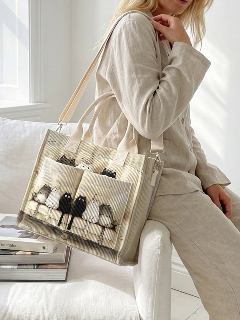 Chats sur Beige | Sac cabas en velours côtelé