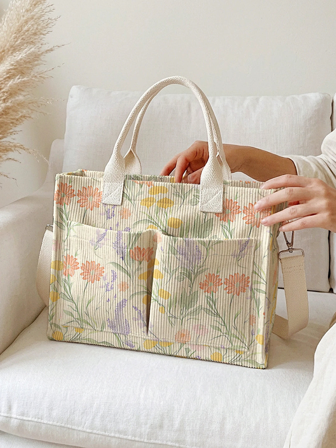 Lavande & Marguerites | Sac cabas en velours côtelé