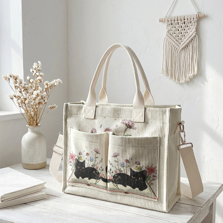 Chat Lecteur | Sac cabas en velours côtelé