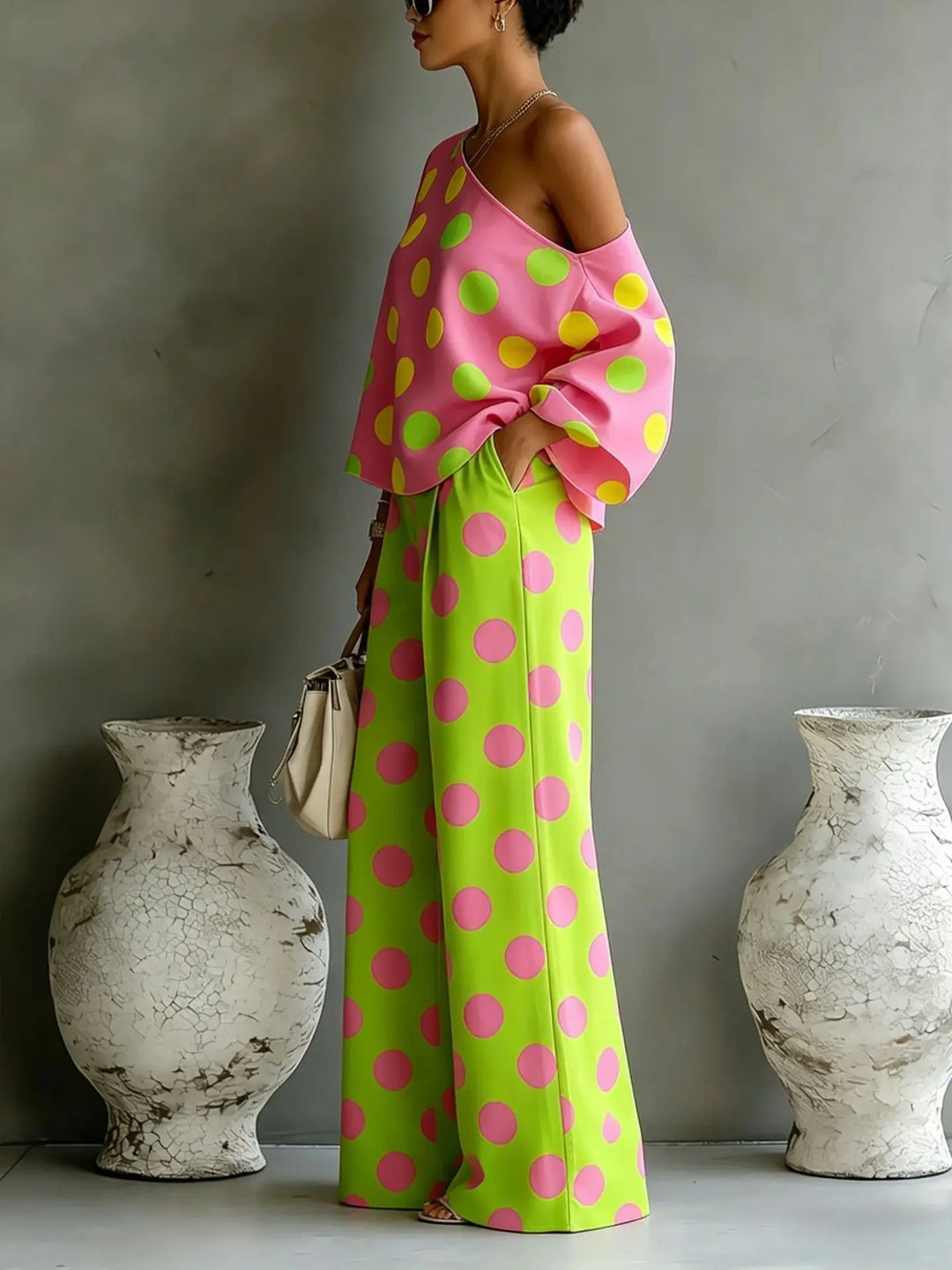 Polly | Ensemble asymétrique 2 pièces avec haut à dos ouvert + pantalon taille haute à jambes larges
