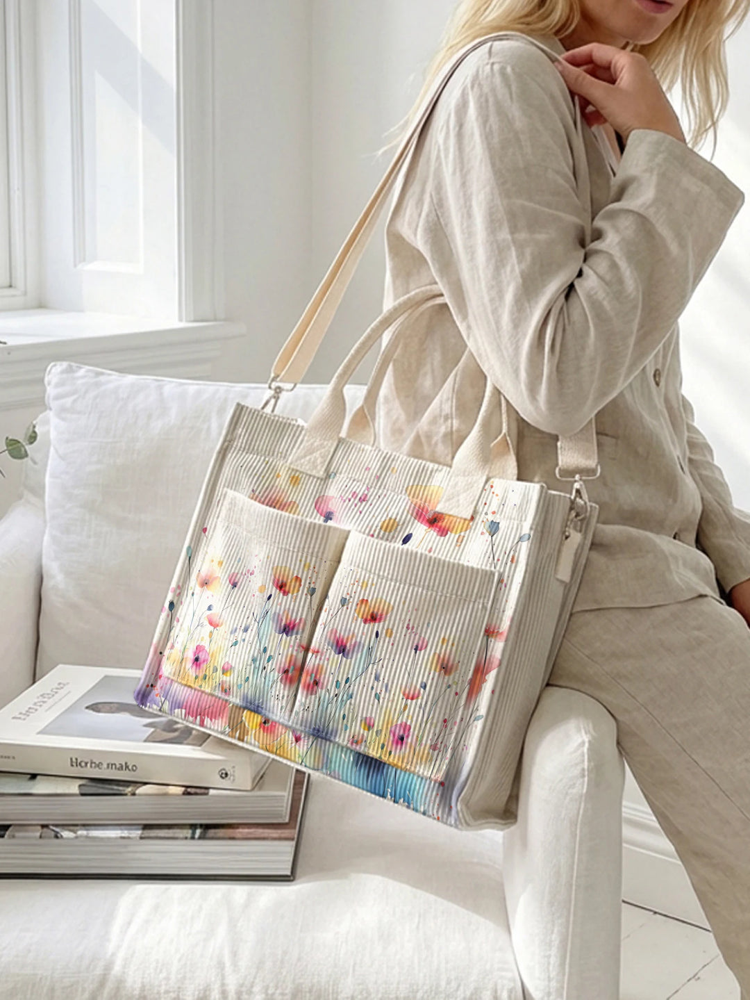 Fleurs Sauvages | Sac cabas en velours côtelé