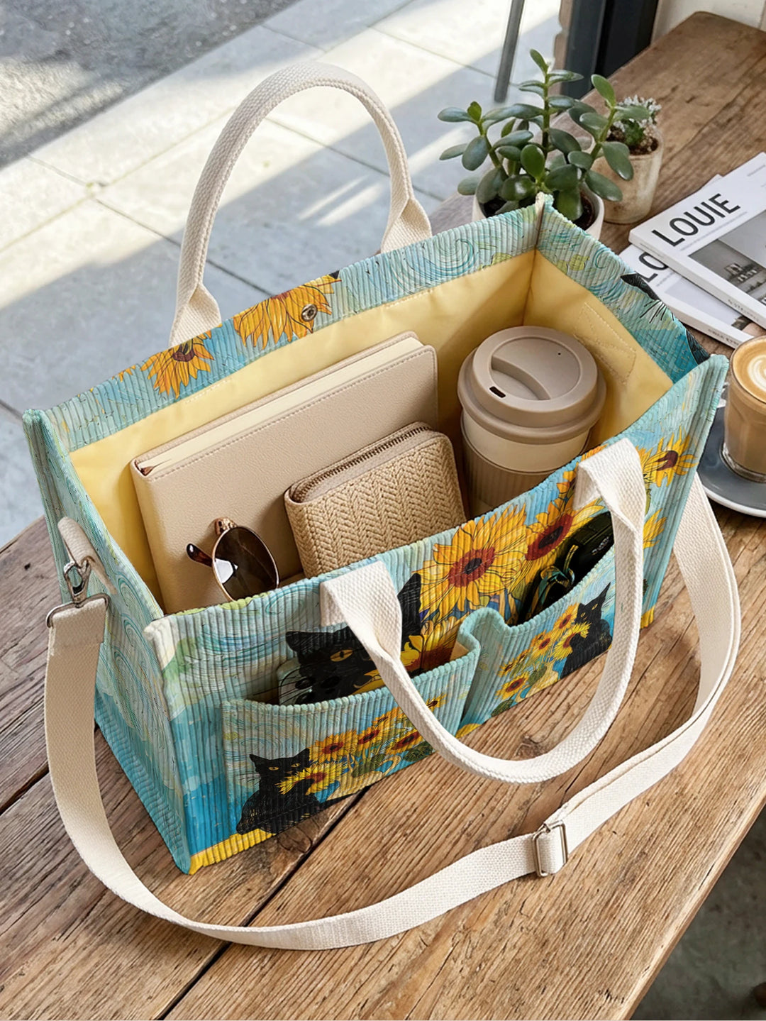 Chat Noir & Tournesols | Sac cabas en velours côtelé