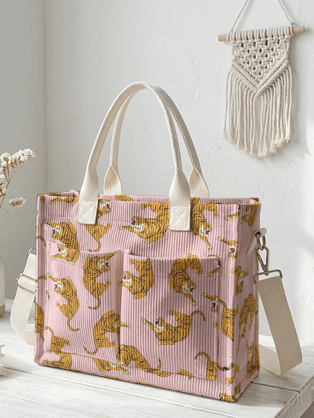 Tigrou Rose | Sac cabas en velours côtelé