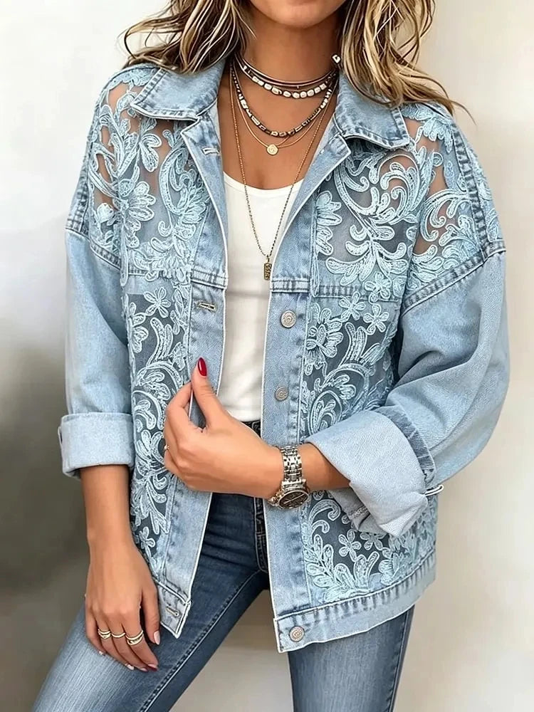 Brianne | Blouse en denim avec corps en dentelle et col inversé