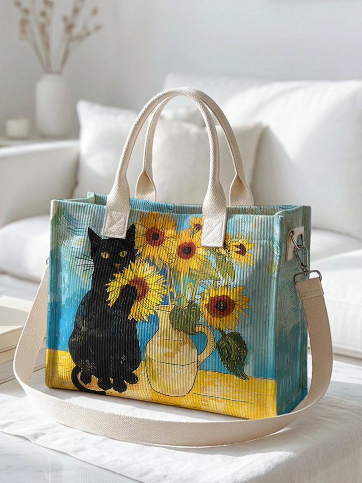 Chat Noir & Tournesols | Sac cabas en velours côtelé