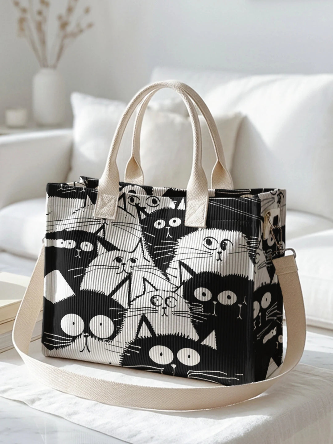 Chats en Noir et Blanc | Sac cabas en velours côtelé