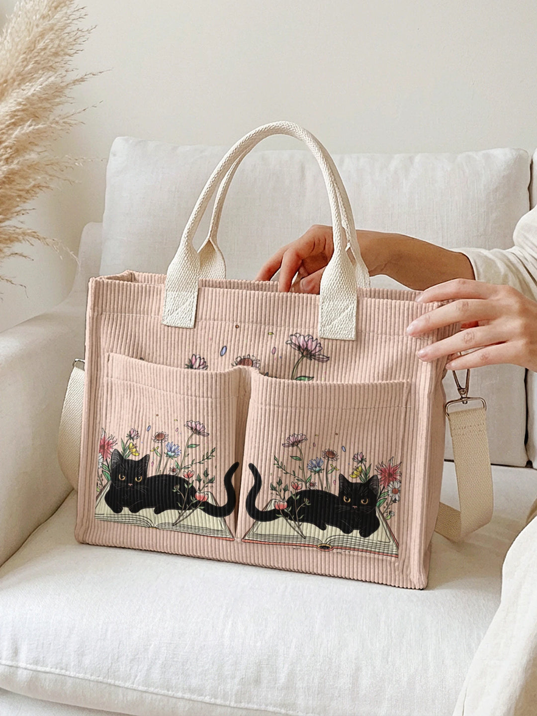 Chat Lecteur | Sac cabas en velours côtelé