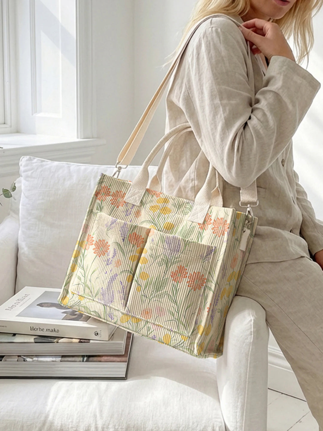 Lavande & Marguerites | Sac cabas en velours côtelé