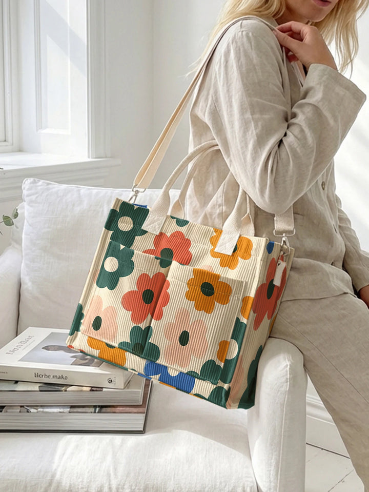 Fleurs sur Beige | Sac cabas en velours côtelé