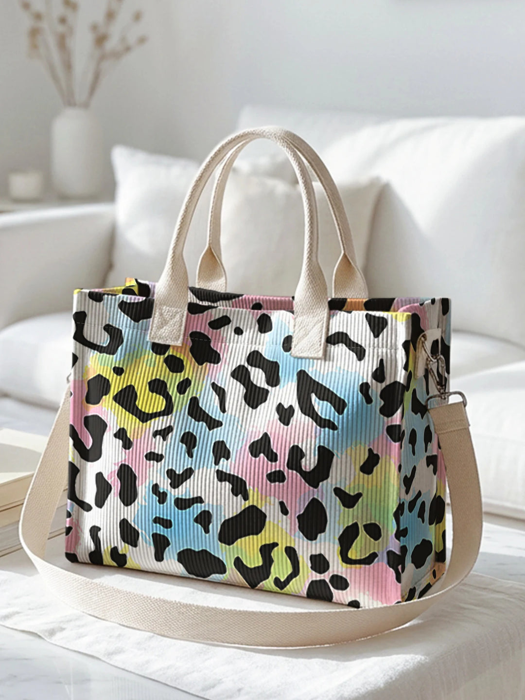 Léopard Pastel | Sac cabas en velours côtelé