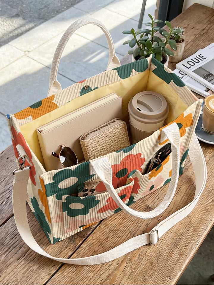 Fleurs sur Beige | Sac cabas en velours côtelé
