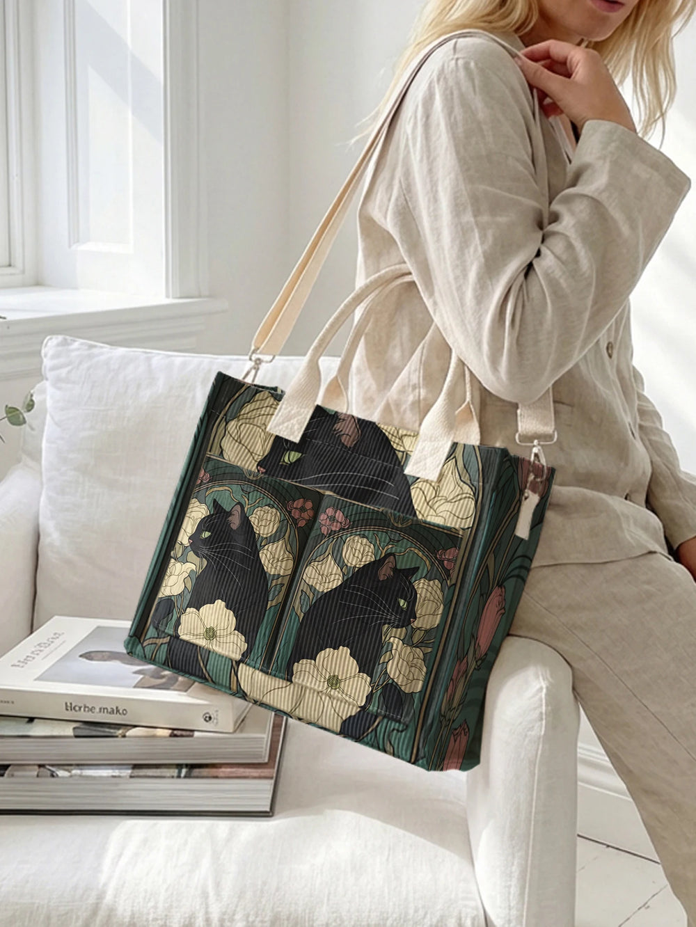 Sac cabas en velours côtelé Chat Noir Fleuri, présentation du modèle