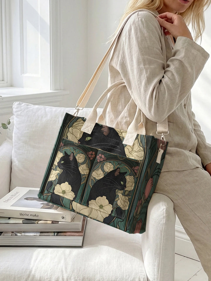 Chat Noir Fleuri | Sac cabas en velours côtelé