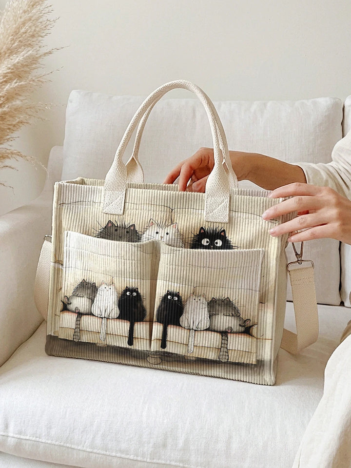 Chats sur Beige | Sac cabas en velours côtelé