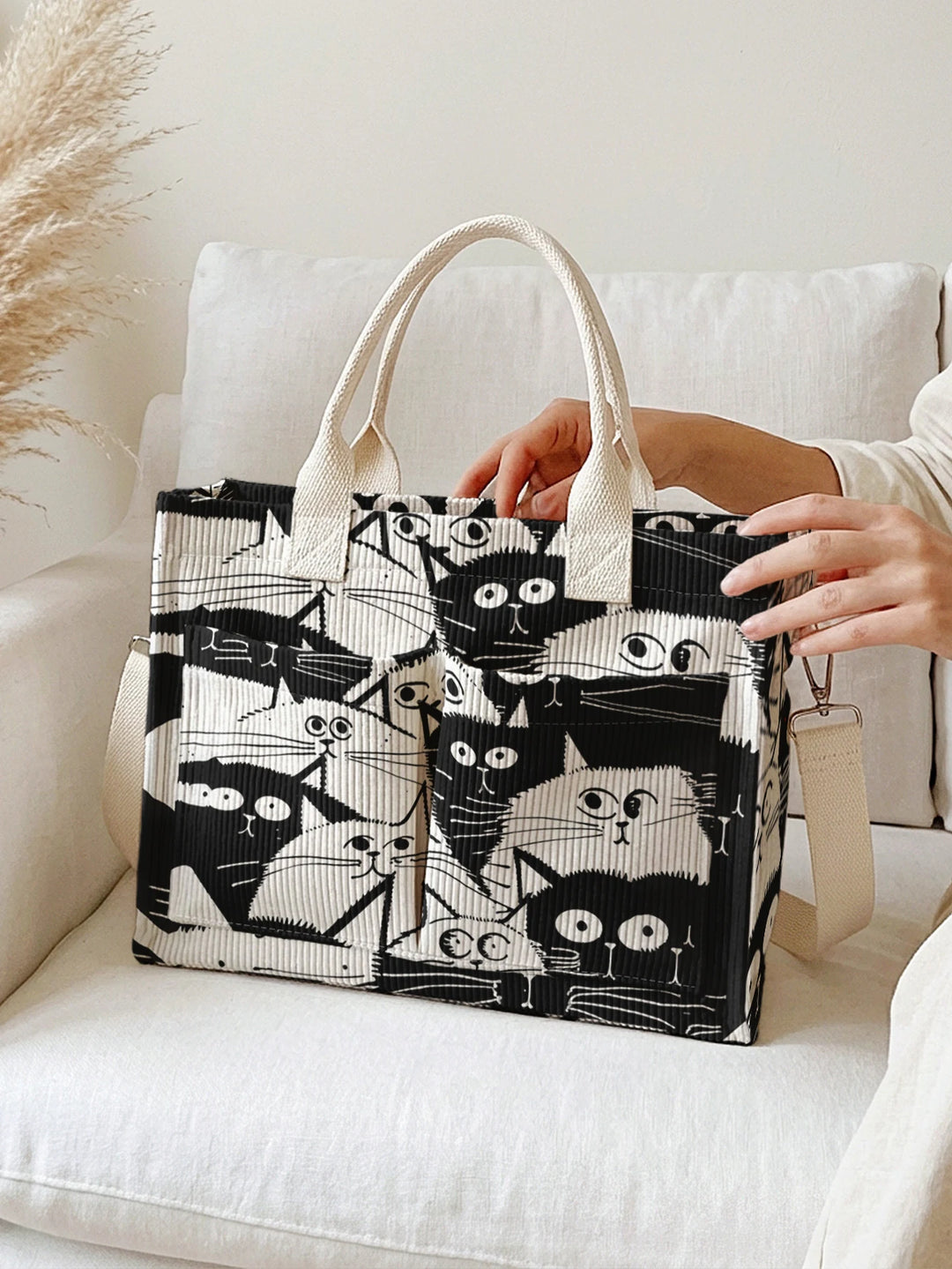 Chats en Noir et Blanc | Sac cabas en velours côtelé