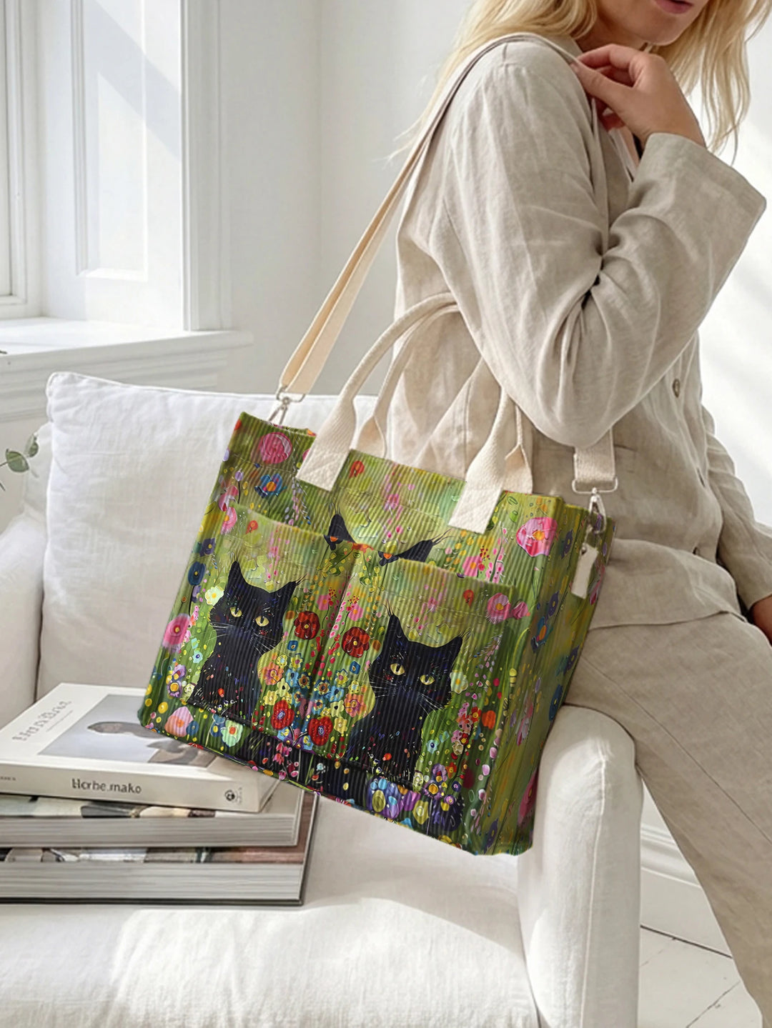 Chats du Jardin | Sac cabas en velours côtelé