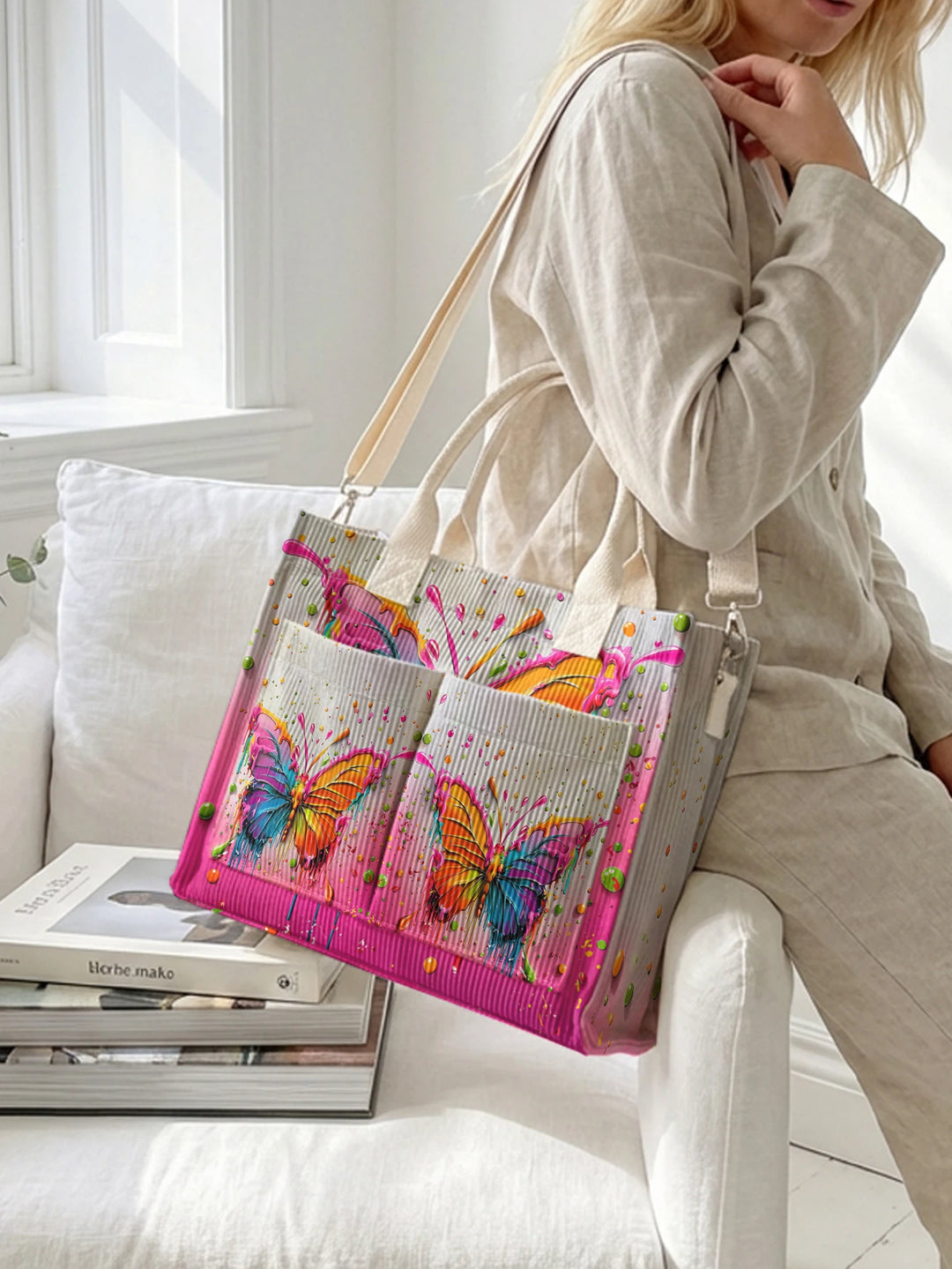 Papillon Coloré | Sac cabas en velours côtelé