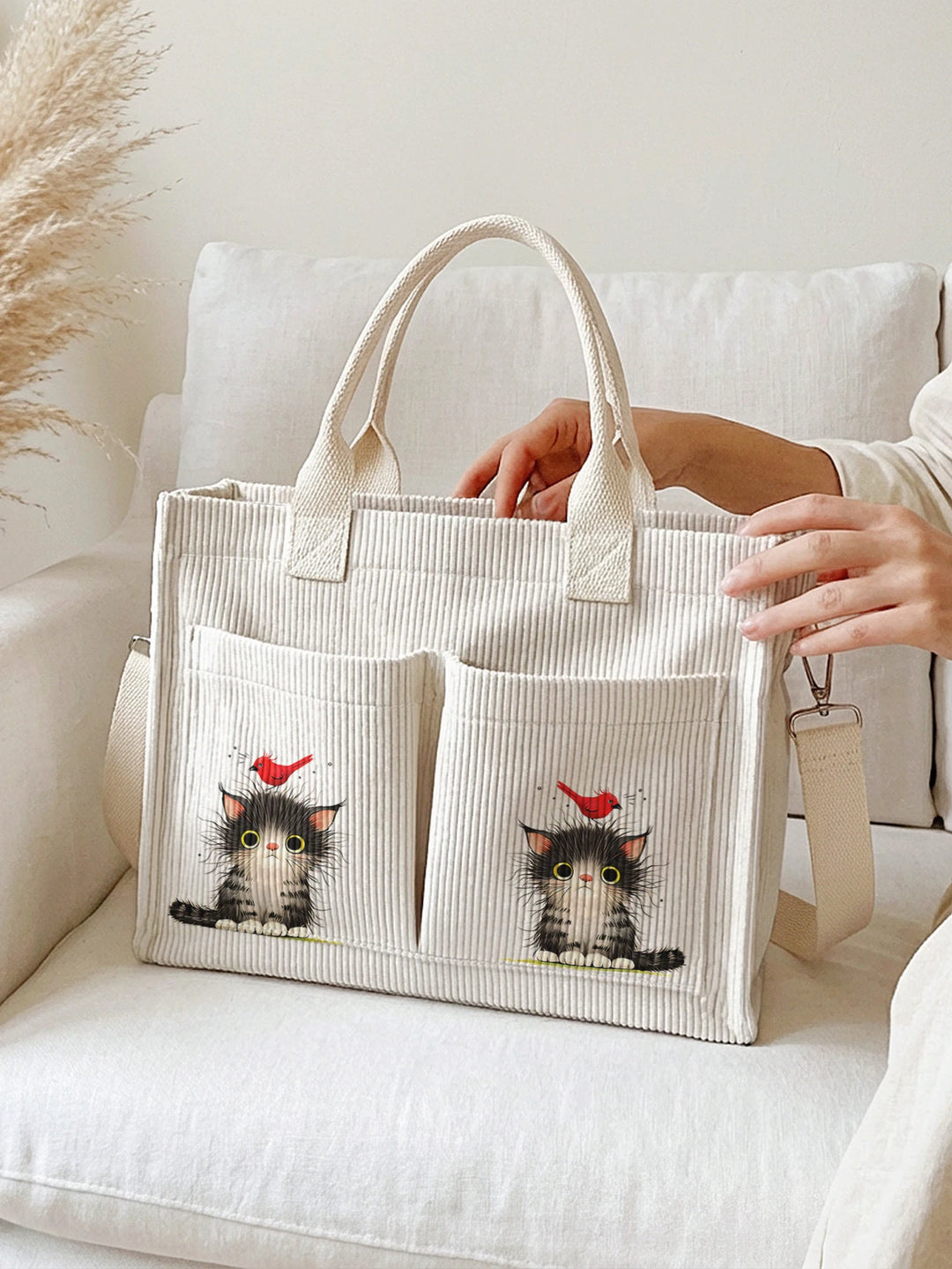 Chaton & Rouge-Gorge | Sac cabas en velours côtelé