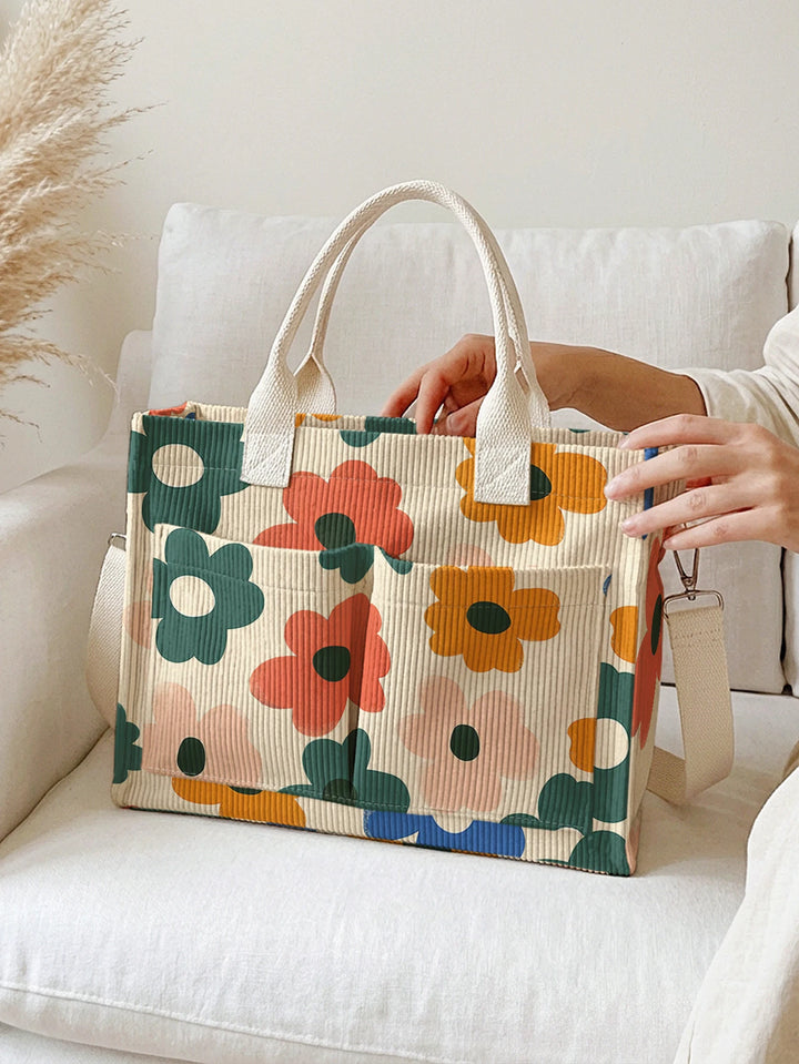 Fleurs sur Beige | Sac cabas en velours côtelé