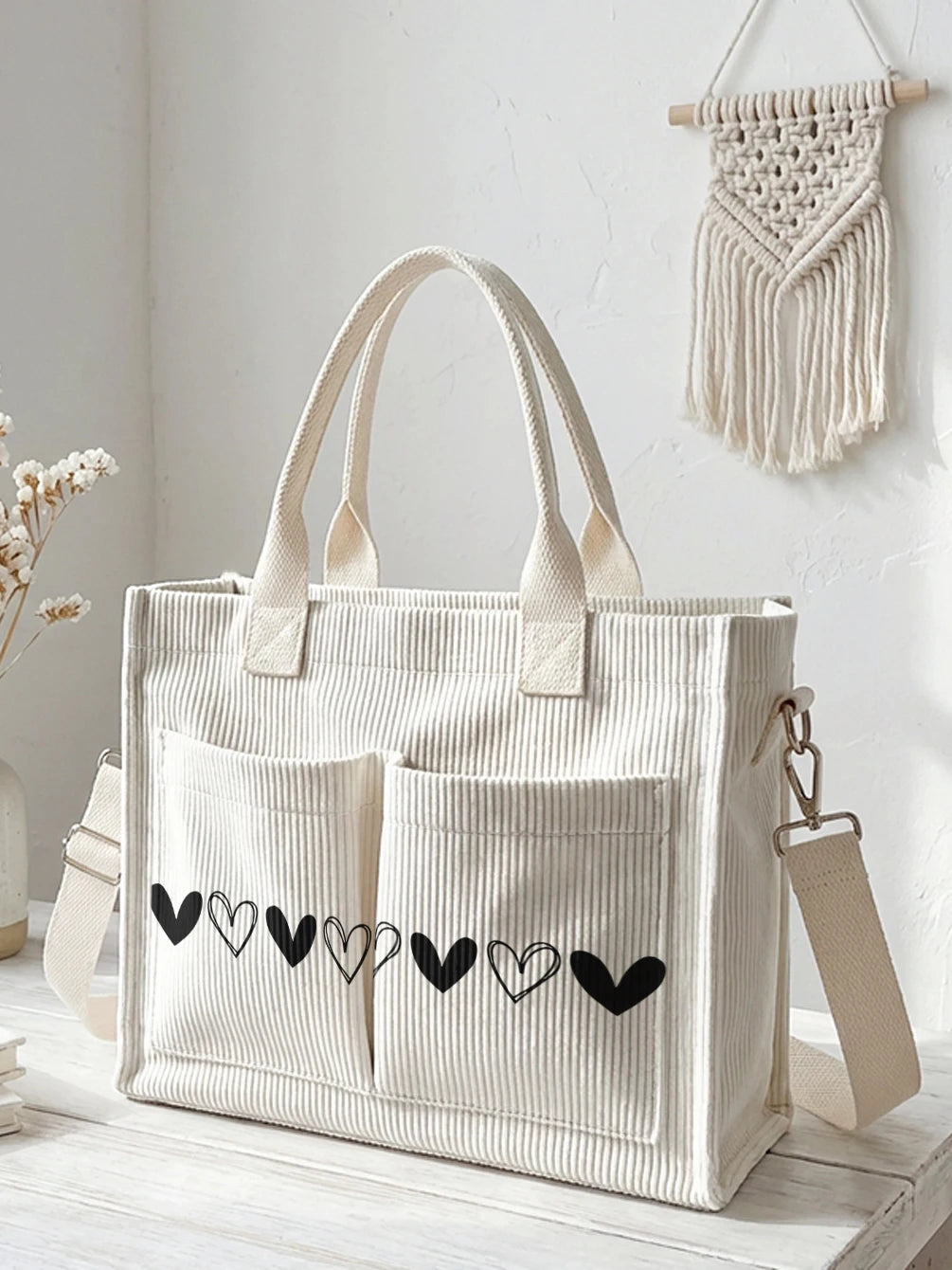 Cœur Noir | Sac cabas en velours côtelé