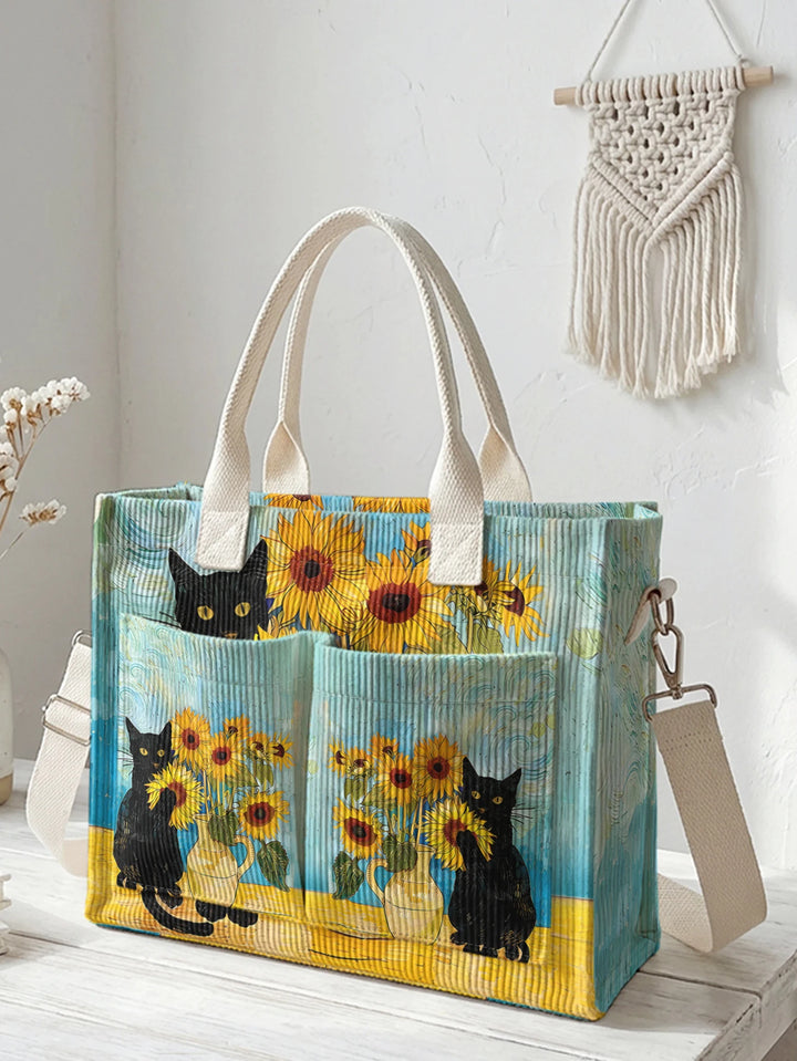 Chat Noir & Tournesols | Sac cabas en velours côtelé