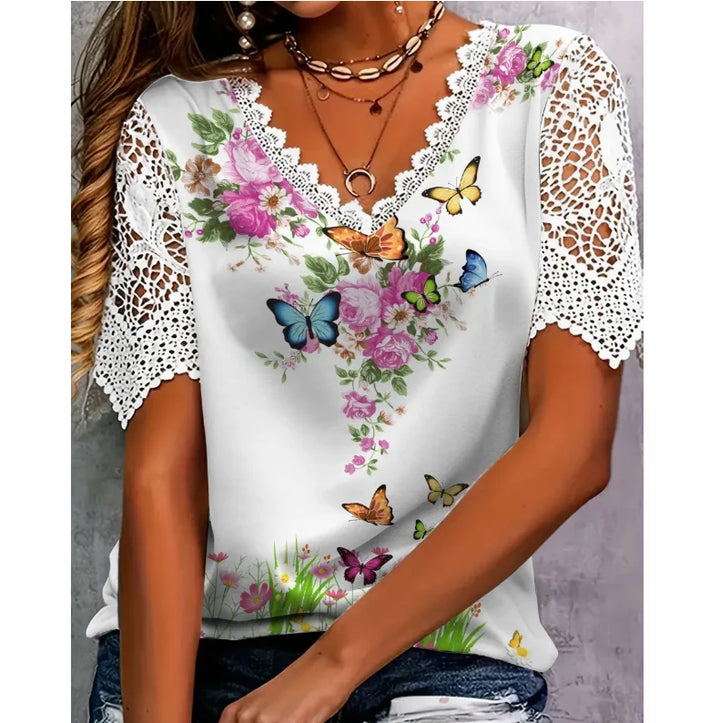 Elize | Blouse Chique en Fleurs avec Col V et Dentelle