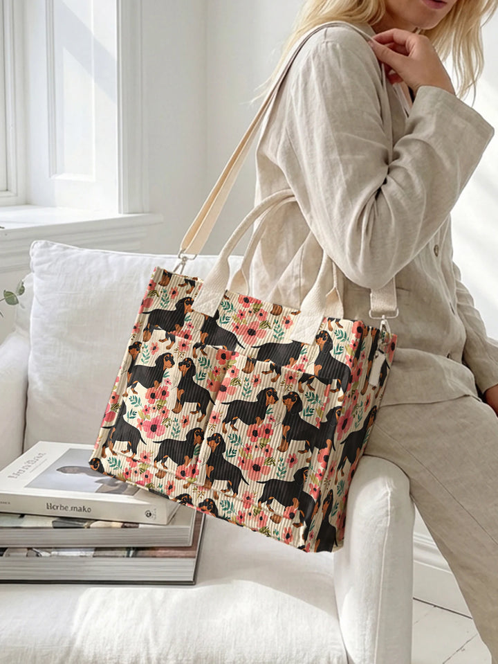 Dolly le Teckel Fleuri | Sac cabas en velours côtelé