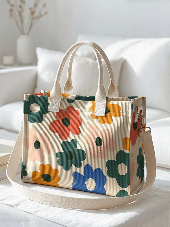 Fleurs sur Beige | Sac cabas en velours côtelé
