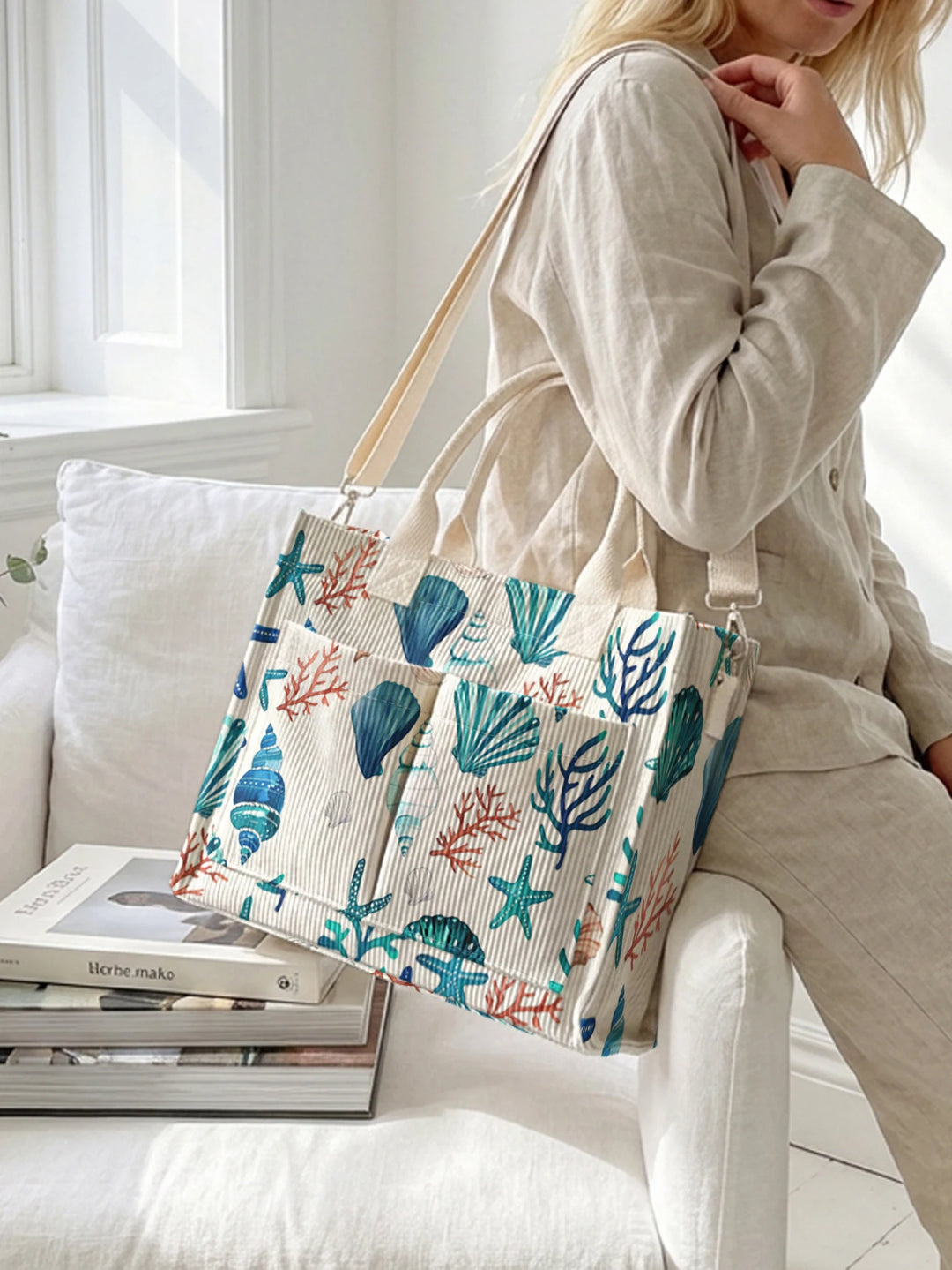 Océan Aquarelle | Sac cabas en velours côtelé