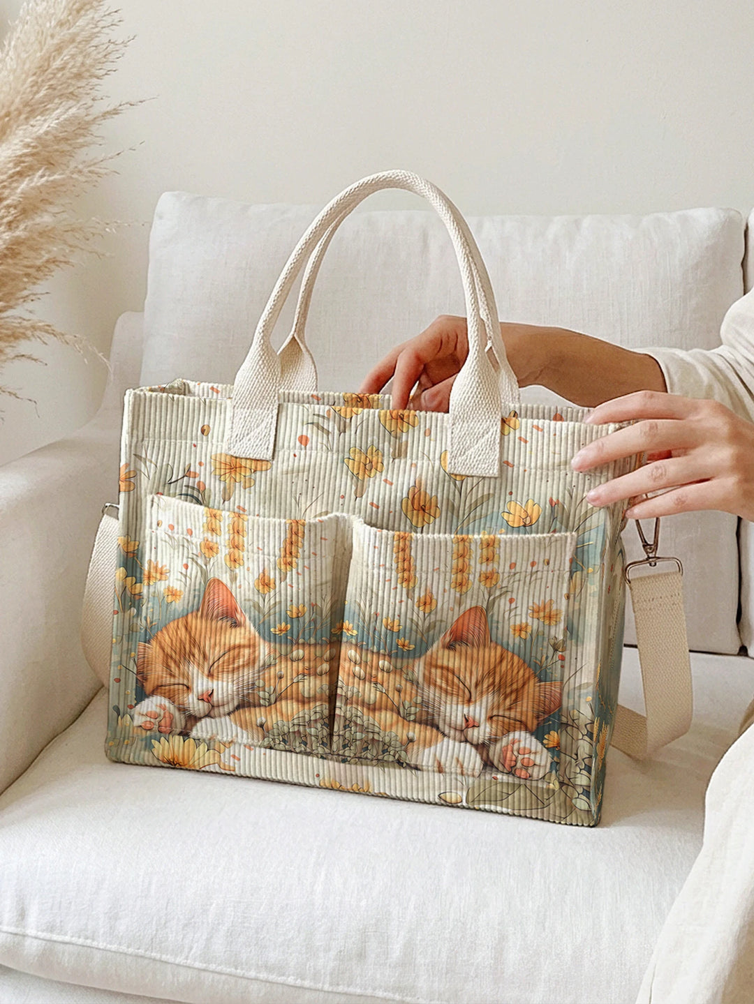 Chat Dormeur | Sac cabas en velours côtelé