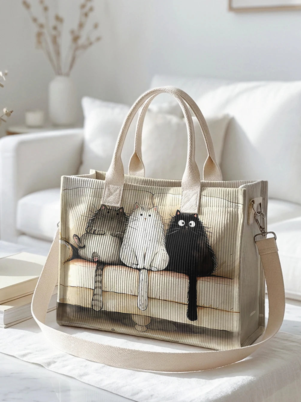 Chats sur Beige | Sac cabas en velours côtelé